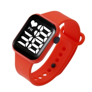 Waterproof digital LED wristwatch with square black dial and red silicone strap for students