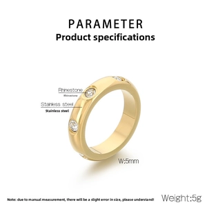 Detail showing 5mm width and 5g weight of gold polished stainless steel rhinestone ring