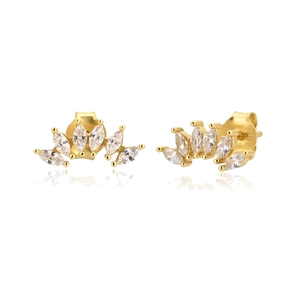Macro detail of gold fan-shaped stud earrings with clear marquise-cut zircon stones