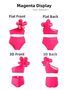 Vue détaillée sous quatre angles du maillot de bain magenta pour filles avec fleur 3D