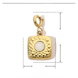 Detail view of a 19mm gold stainless steel charm with natural stone inlay and weight specs