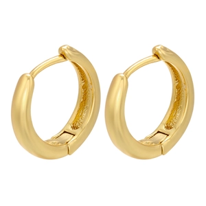 Detail of polished gold geometric hoop earrings with micro-inlay on a white background