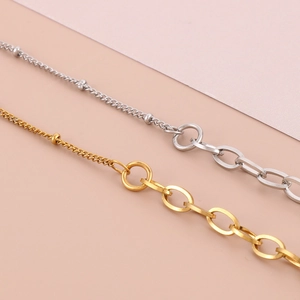 Minimalist double layered oval link 18K gold and silver titanium steel necklace set