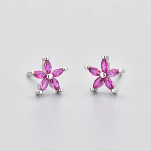 Elegant five-petal flower stud earrings with marquise-cut pink zirconia in silver setting