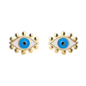 Golden Evil Eye stud earrings with blue and white enamel detail for women