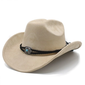 Detail of beige suede cowboy hat with black braided rope and turquoise silver ornament
