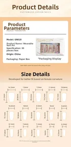 Detailed size chart showing 15 nail sizes for 30pcs press-on nails set in mm