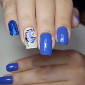 Blue Butterfly Daisy Press On Nails Square Glossy Glitter Artificial Fake Nails Summer Style For Women