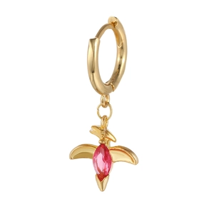 Macro shot of gold dinosaur earring hoop featuring a vibrant pink marquise zircon stone