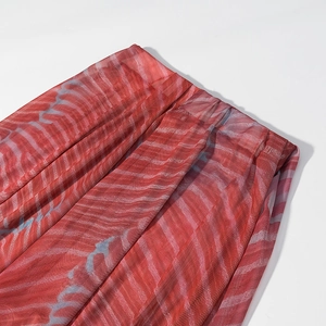 Red printed sleeveless top and pleated maxi skirt set with abstract pattern detail