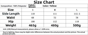 Detailed size chart for women's bomber jacket and high waist pants set in yellow