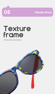 Detail view of durable navy frame with colorful dinosaur prints for kids sunglasses