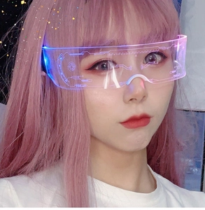 Macro detail of cyberpunk LED glasses featuring circuit patterns and violet light glow