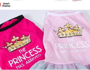 Close-up of pink pet tutu dresses with crown print and princess slogan detail