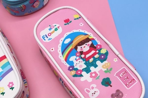Close-up of pink pencil case showing durable fabric texture and cute flower cartoon patterns