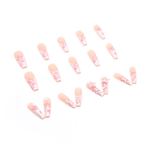 Pink gradient ballerina press-on nails with shiny stars and 3D pearl rhinestone accents