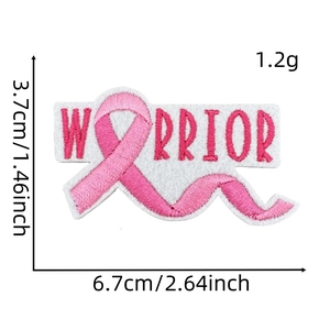 Detail of Warrior text embroidery on pink ribbon patch with precise size dimensions