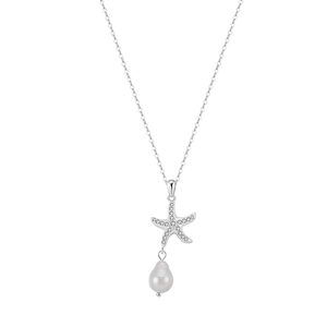 S925 sterling silver starfish necklace with zircon pavé and white freshwater pearl