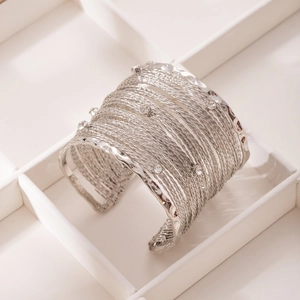 Bohemian silver wide cuff bracelet with layered rope texture and inlaid crystals
