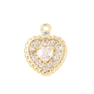 Exquisite gold heart pendant with zircon inlay and sparkling stones on white background