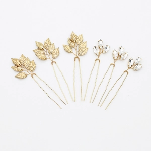 Lot de 6 épingles à cheveux dorées en U avec strass minimalistes et feuilles en alliage