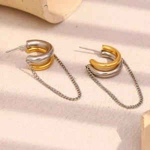 Fashionable two-tone 18K gold plated stainless steel chain tassel stud earrings