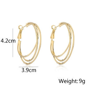 Detailed size view of triple-layered 18K gold-plated hoop earrings, 4.2cm by 3.9cm
