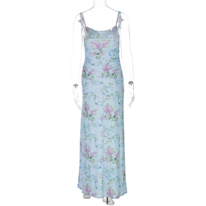 Detail of light blue floral dress back with thin straps and delicate purple print