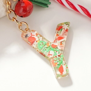 Christmas Letter Y Resin Keychain with Red Bell and Golden Chain Ornament