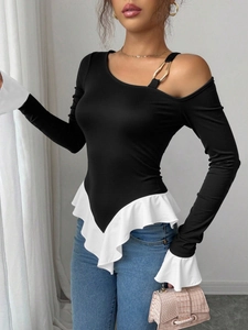 Damen Langarm T-Shirt One Shoulder Metallschnalle Dekor Rüschensaum Color Block Slim Fit Polyester Oberteil Für Dating