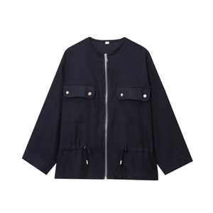Women's navy linen-blend utility jacket with zipper closure and drawstring waist detail