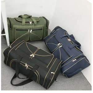 Three large oxford travel bags in army green, black, and navy blue with multiple pockets