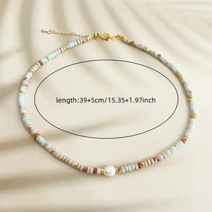 Detail of beaded necklace with freshwater pearl and dimensions length 39+5cm