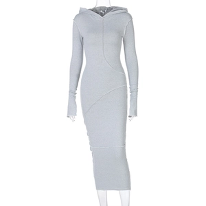 Detail view of grey long sleeve hooded bodycon dress with reverse stitching on mannequin