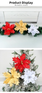 Macro detail of sparkling sequined Christmas flowers on festive wreaths and pine branches