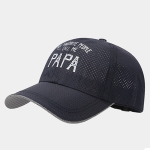 Detail of navy breathable mesh baseball cap with PAPA heat transfer print and piping