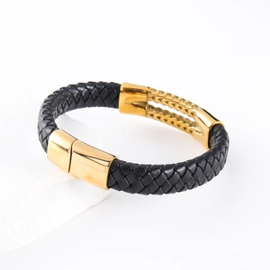 Men's double-layered black woven leather bracelet with golden hollow metal clasp