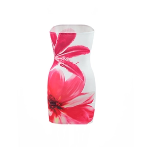 Detail of white bodycon tube dress with vibrant pink floral print and slim fit style