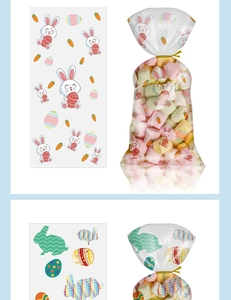Detail of Easter gift bags showing rabbit and egg patterns with filled candy effects