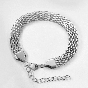 Detail of silver woven mesh bracelet with adjustable lobster clasp on white fabric