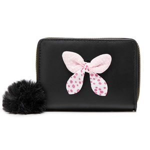 Mini black leather coin purse with pink polka dot bow and fluffy pom pom pendant