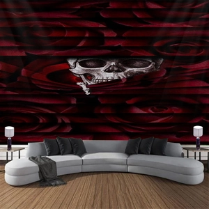 Detailed Gothic wall tapestry featuring red roses and skull in a modern living room setting