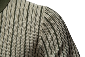 Macro shot of striped mesh knit fabric showing detail of shoulder seam on men's Polo shirt