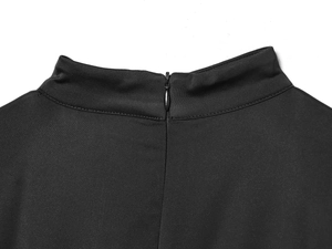 Detailed close-up of high-quality black shirt with stand collar and hidden back zipper