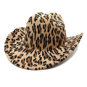 Detail of leopard print western cowboy hat featuring soft suede texture and wide brim