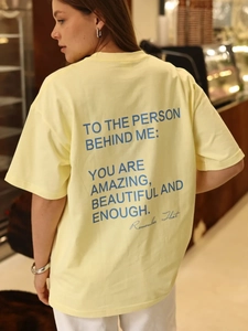 Γυναικείο Βαμβακερό T-Shirt Κοντομάνικο Στρογγυλή Λαιμόκοψη Με Γράμματα Χαλαρή Γραμμή Streetwear Casual Τοπ Ανοιχτό Κίτρινο