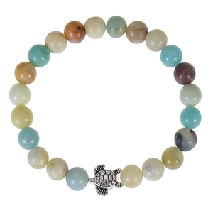 Amazonite stone turtle bracelet with 8mm natural beads and silver sea turtle charm