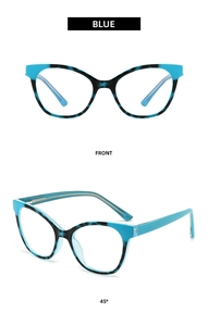 Front and 45-degree views of cat-eye blue leopard print glasses frames in high detail