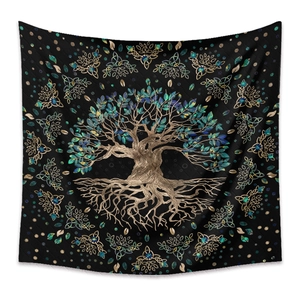 Tapisserie murale Arbre de Vie bohème avec nœuds celtiques dorés sur fond noir