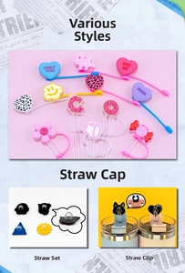 Various cute silicone straw covers featuring hearts, donuts, and flowers in pastel colors